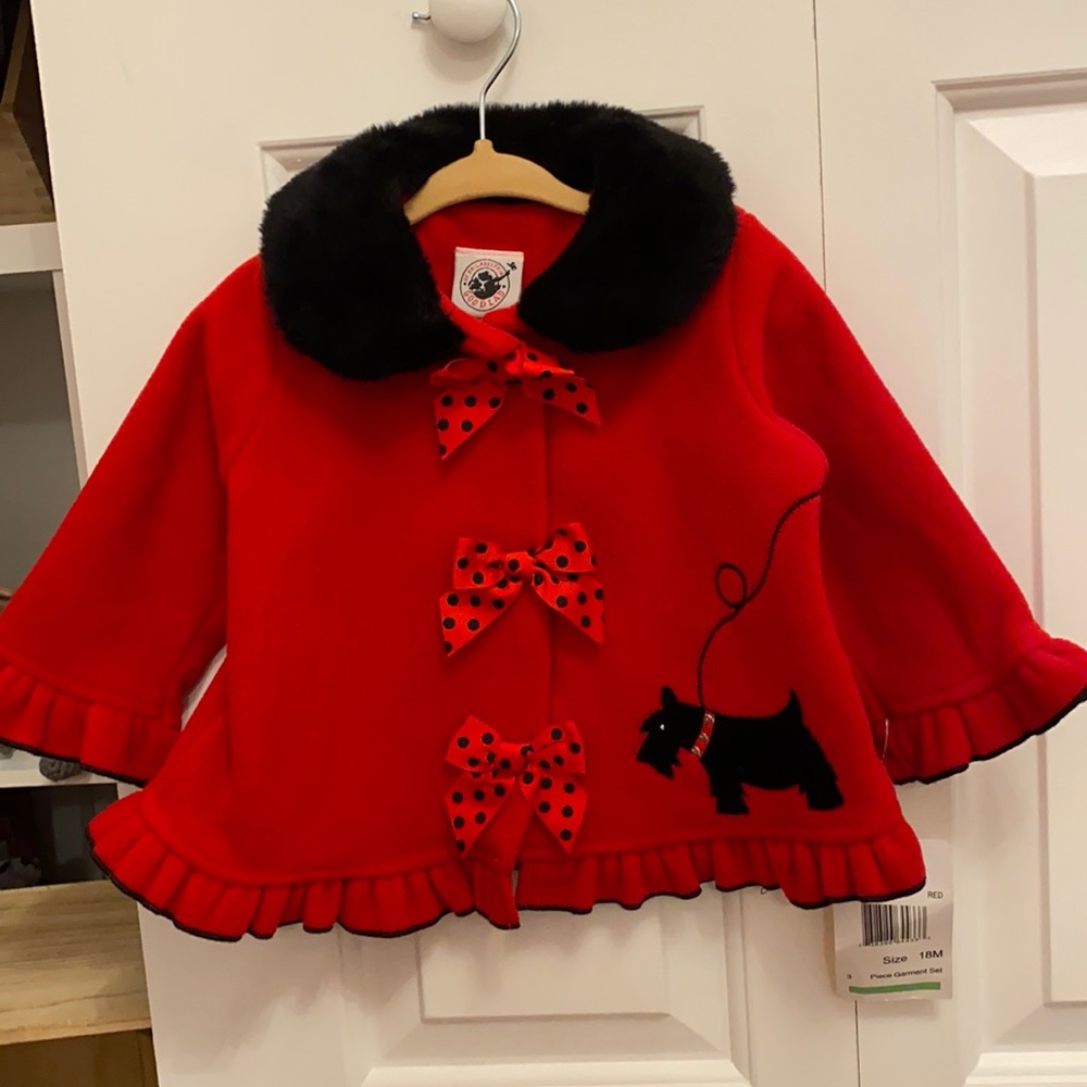 Red toddler sweater jacket with fur collar. Size 18 months